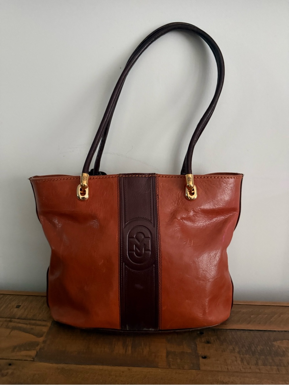 Marino Orlandi Two-Tone Glazed Brown Leather Shoulder Bag with Dark Brown Center